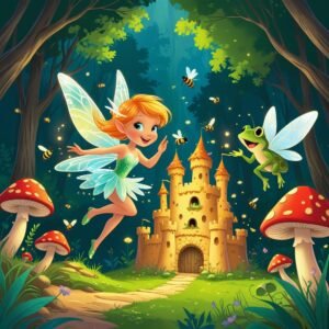 Whimsical fairy, frog, castle, bees, mushrooms, enchanting forest scene with magic and friendship.