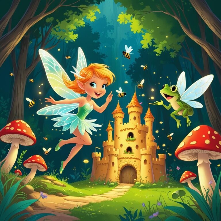 Whimsical fairy, frog, castle, bees, mushrooms, enchanting forest scene with magic and friendship.