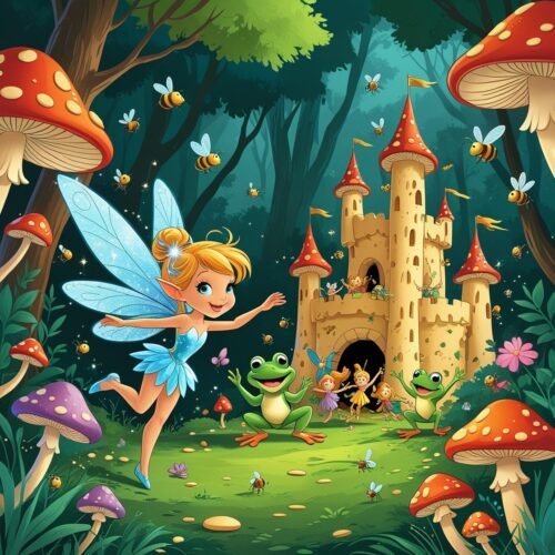 Whimsical fairy forest scene with mushrooms, castle, fairies, frogs, and magical creatures.