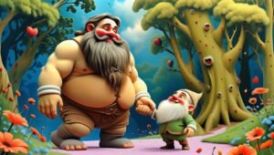 Whimsical forest scene with friendly giant, cheerful gnome, colorful trees, and magical pink path.