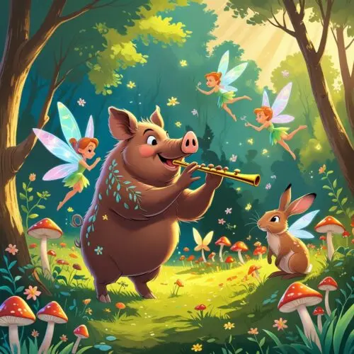 Whimsical enchanted forest with joyful pig playing flute, fairies, rabbit, vibrant mushrooms, and lush greenery in a bedtime forest poem for children