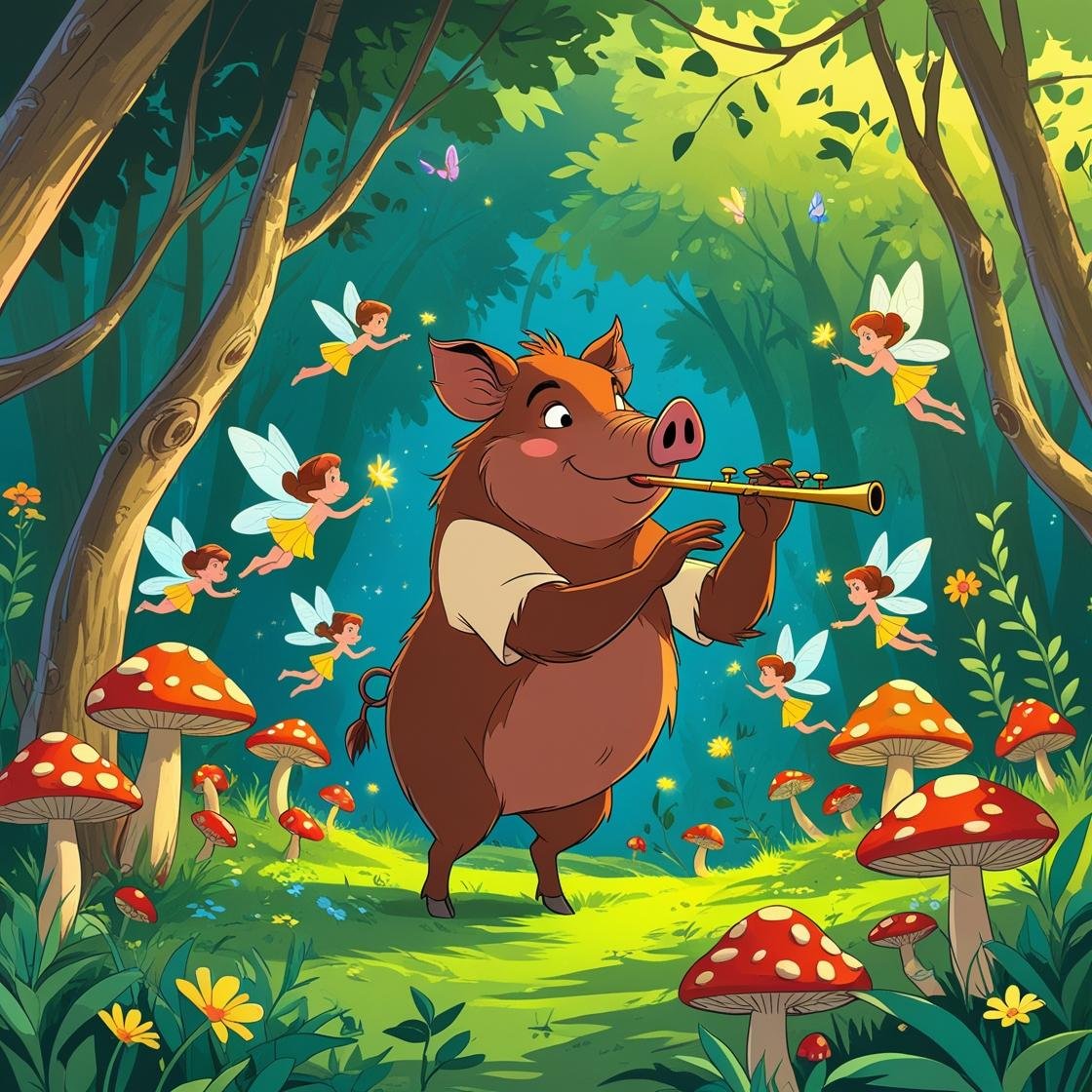 Whimsical enchanted forest with joyful pig playing flute, fairies, rabbit, vibrant mushrooms, and lush greenery in a silly animal story for kids.