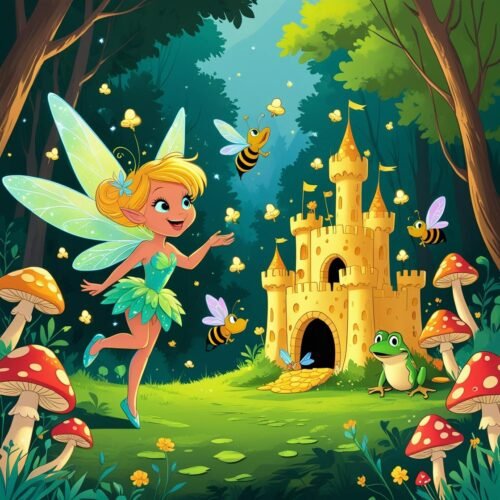Whimsical fairy in enchanted forest with castle, butterflies, frogs, mushrooms, and glowing fireflies.
