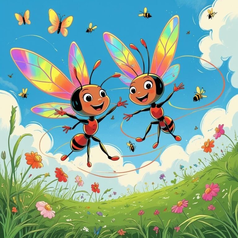 Colorful bees and butterflies flying over vibrant flowers in a whimsical garden scene.
