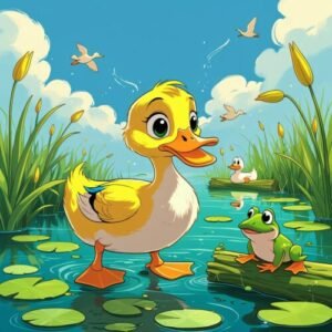 Cute yellow duckling, frog, and flying birds in a serene pond surrounded by lush greenery.