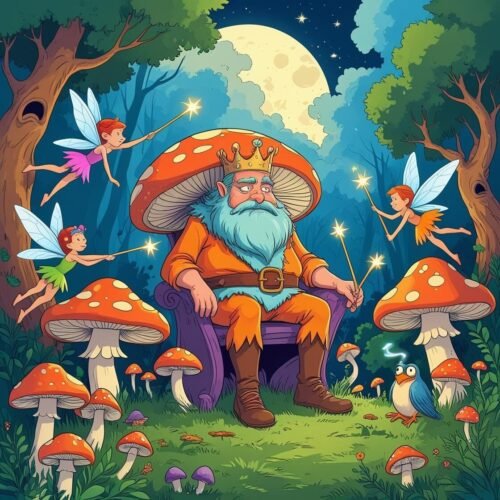 Whimsical forest scene with fairy royalty, glowing moon, colorful mushrooms, and magical creatures.