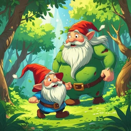 Whimsical gnomes sharing joy in a vibrant, sunlit enchanted forest with lush greenery.