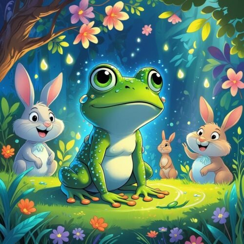 Friendly frog and adorable rabbits in a magical woodland forest scene.