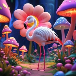 Whimsical flamingo among colorful mushrooms and vibrant flowers in a magical enchanted landscape.