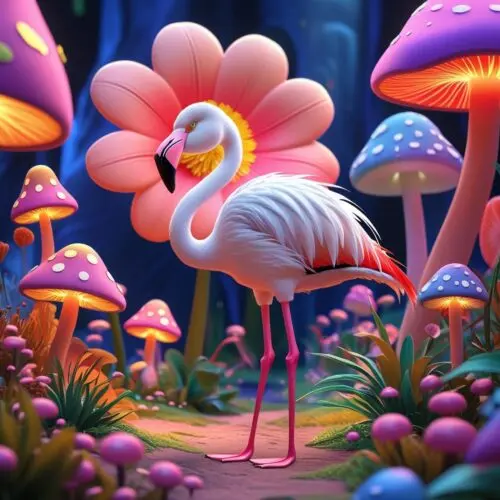 Whimsical flamingo among colorful mushrooms and vibrant flowers in a magical enchanted landscape.
