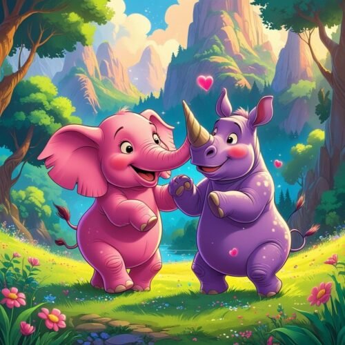 Colorful cartoon scene of friendly pink elephant and purple rhinoceros in magical, flowers-filled meadow.