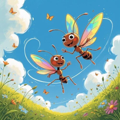 Colorful animated ants with iridescent wings flying over a vibrant wildflower field.