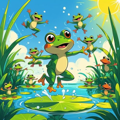 Colorful cartoon frogs jumping joyful in a sunny pond with lush greenery and lilies.