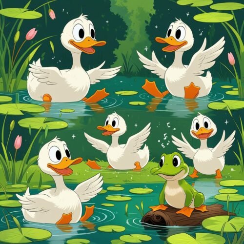Cheerful pond scene with ducks, a frog, water lilies, and vibrant nature.