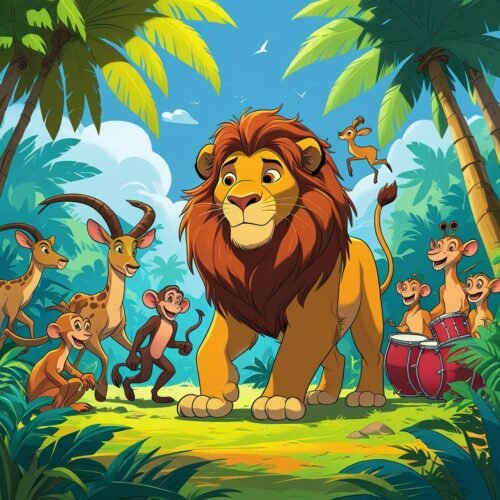 Colorful jungle animals celebrating with a lion, monkeys, antelopes, and drums in a lively tropical scene.