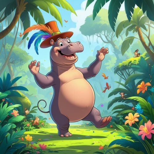 Colorful cartoon jungle scene featuring a joyful hippo wearing a feathered hat with monkeys.