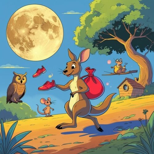 Whimsical kangaroo with friends under the moon in a magical nighttime adventure scene.