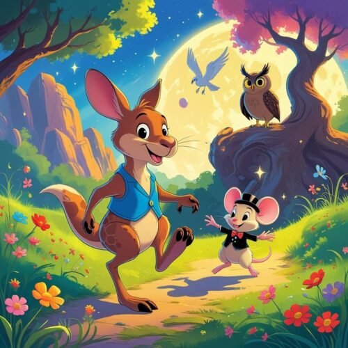 Whimsical forest scene with a cheerful kangaroo, mouse, owl, dove, colorful flowers, and glowing moon.