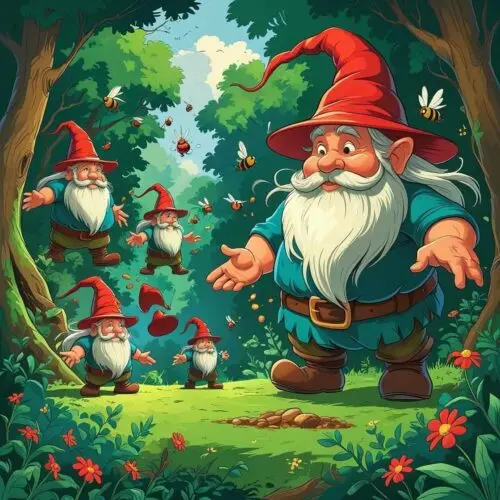 Whimsical gnome forest scene with colorful gnomes, bees, flowers, and lush greenery.