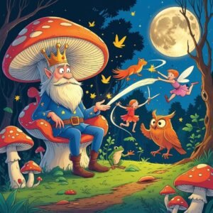 Whimsical forest scene featuring a king on a mushroom throne, fairies, and enchanted creatures under moonlight.
