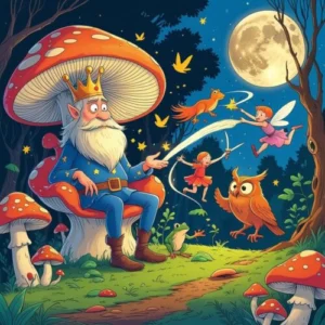 Whimsical forest scene featuring a king on a mushroom throne, fairies, and enchanted creatures under moonlight.