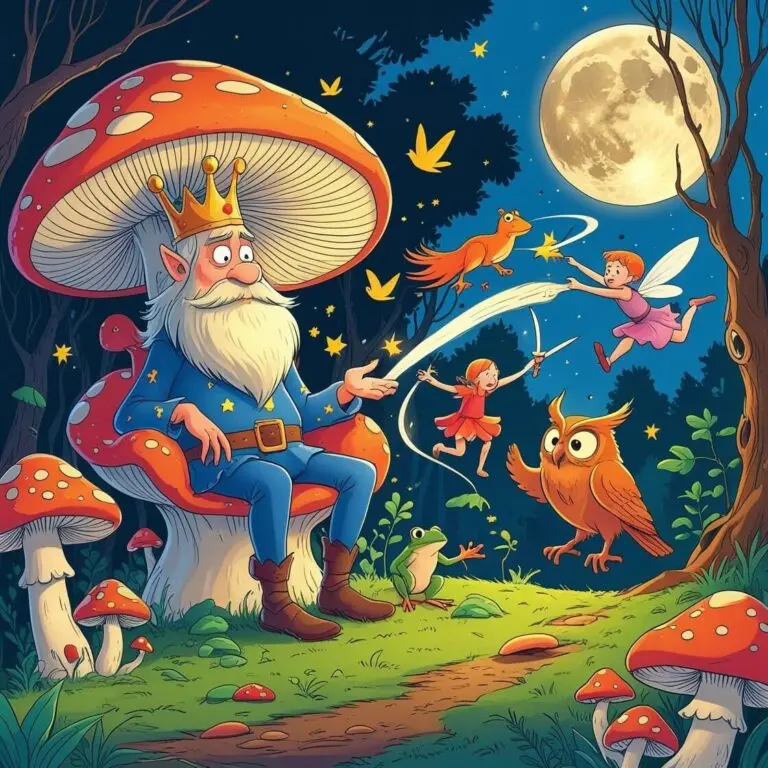 Whimsical forest scene featuring a king on a mushroom throne, fairies, and enchanted creatures under moonlight.