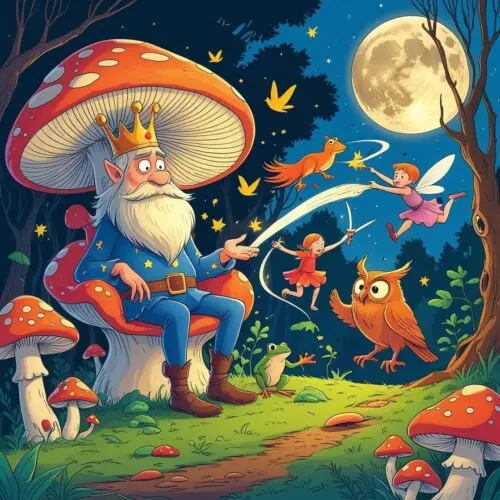 Whimsical forest scene featuring a king on a mushroom throne, fairies, and enchanted creatures under moonlight.