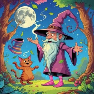 Cheerful wizard casting magic in enchanted forest with friendly cat and glowing moon.