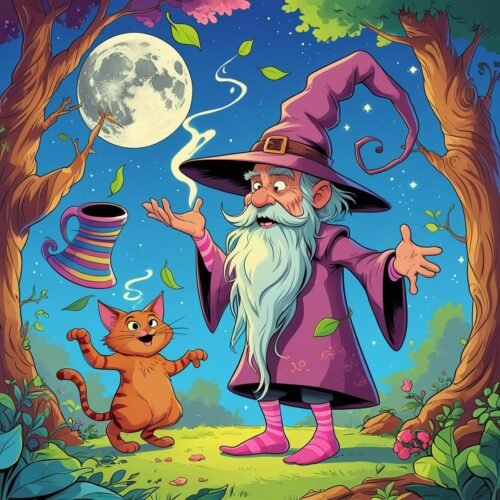 Cheerful wizard casting magic in enchanted forest with friendly cat and glowing moon.