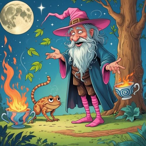 Whimsical wizard, friendly frog, glowing cauldrons, moonlit magical fantasy scene.