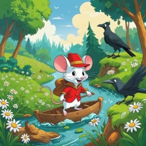 Cheerful mouse on a boat exploring a lush river landscape with crows and vibrant nature.