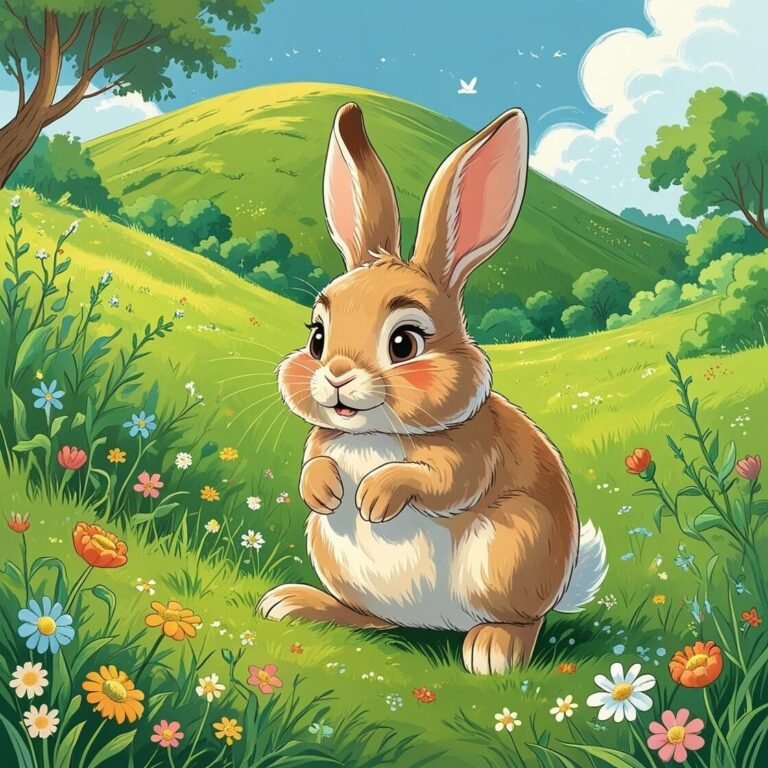 Cheerful cartoon rabbit in colorful meadow with wildflowers, rolling hills, and bright blue sky.
