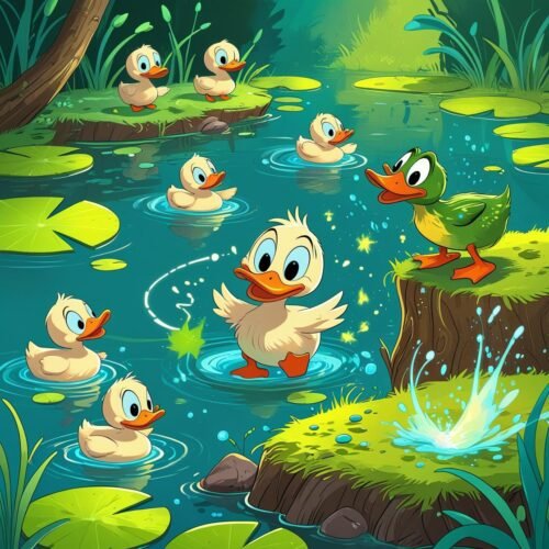 Cute ducklings swimming in a pond with lily pads, surrounded by lush greenery and a protective parent duck.