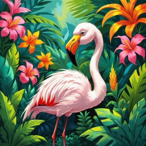 Colorful tropical flamingo among vibrant flowers and lush green foliage.