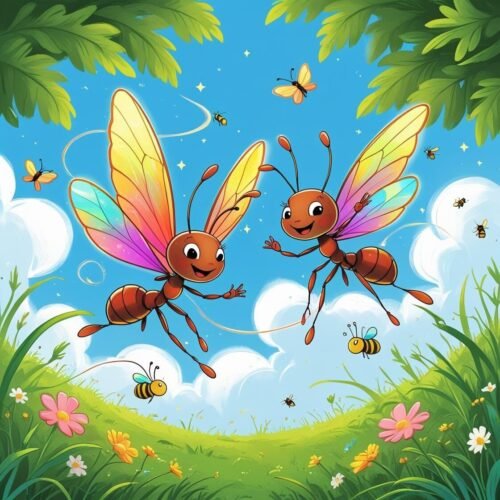 Colorful flying ants with shimmering wings amid flowers and bees in a vibrant, cheerful garden scene.