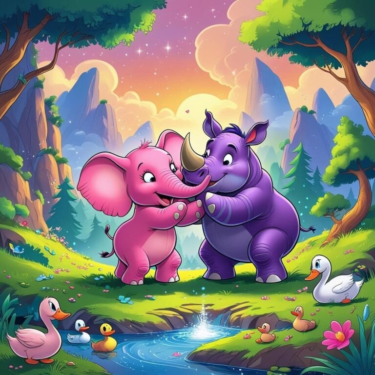 Colorful cartoon elephants, rhinoceros, ducks, butterflies in a vibrant whimsical forest scene.