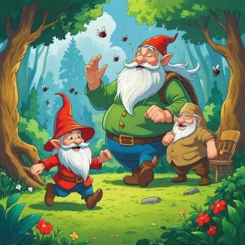 Cheerful gnomes in a vibrant forest with colorful flowers and playful bees.