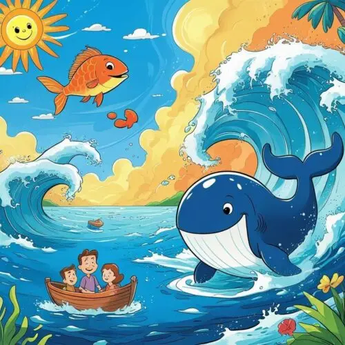 Colorful seaside scene with joyful whale, boat, children, goldfish, waves, and vibrant ocean life.