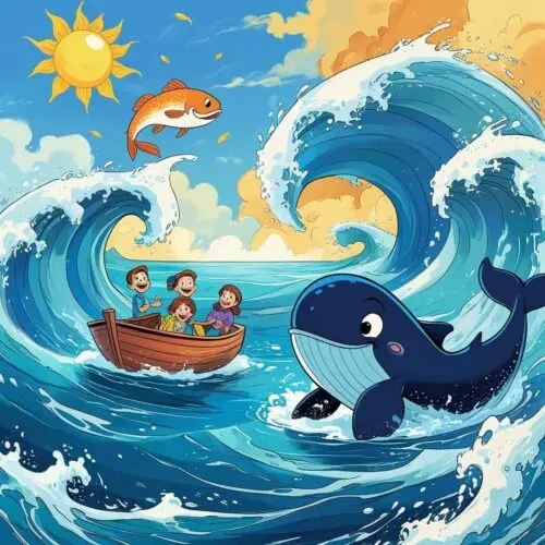 Colorful ocean scene with a cheerful whale, jumping fish, playful waves, and children exploring at sea.